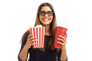 Wall Mural - Woman With Food And Drink During Cinema Show