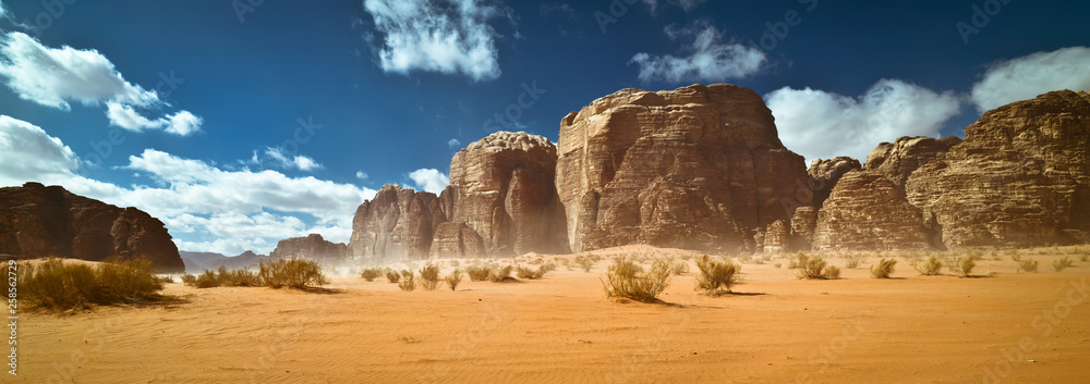 Nature and rocks of Wadi Rum or Valley of the Moon desert, Jordan, sand storm - obrazy, fototapety, plakaty 