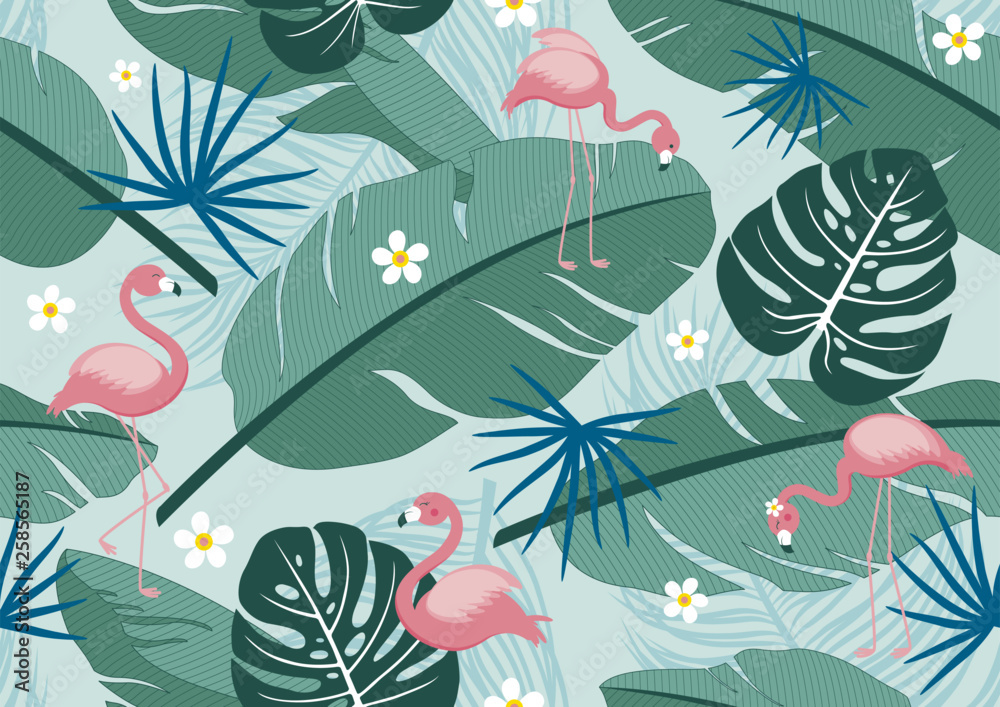 Seamless pattern tropical summer design of leaves and flamingos vector ...
