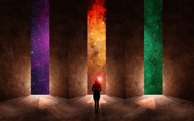 Canvas Print - man in front of open door with universe behind