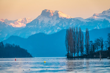 Wall Mural - Scenic landscapes along the shores of Lake Lucerne (Vierwaldstattersee), Lucerne (Luzern), the largest city in Central Switzerland