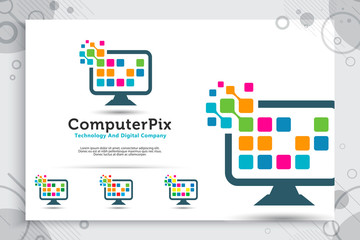 computer pixel vector logo with modern and simple concept designs, illustration monitor and pixel as a symbol icon of template digital technology computer