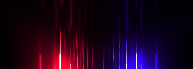 Wall Mural - Dark tunnel, corridor, room with smoke, neon light, red and blue neon. Abstract light, glowing lines and spotlight. Night view. 3d render