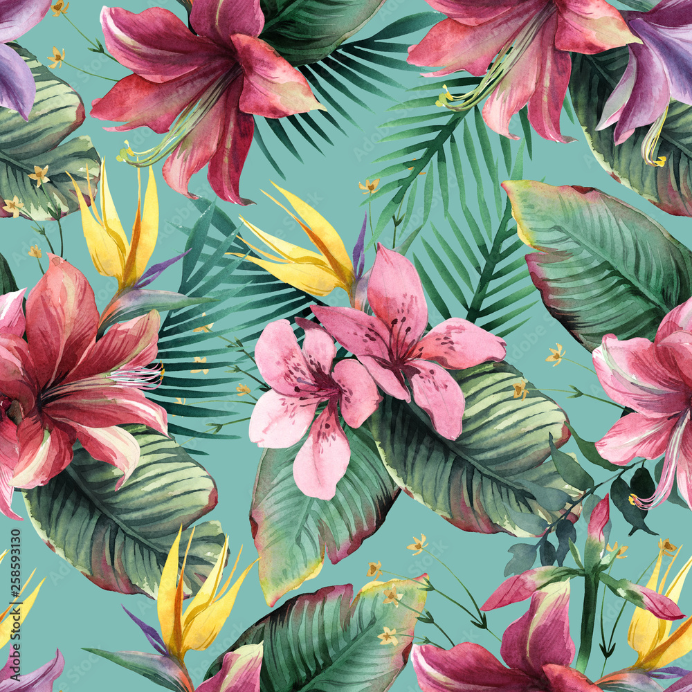 Watercolor seamless pattern of tropical flowers and leaves on blue background - obrazy, fototapety, plakaty 