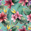 Leinwandbild Motiv Watercolor seamless pattern of tropical flowers and leaves on blue background