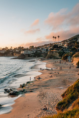 Canvas Print - View of beach and cliffs at sunset, in Laguna Beach, Orange County, California