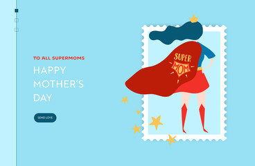 Wall Mural - Mothers Day Sale Banner with Superhero Mother for Landing Page. Mother Day Promo Seasonal Discount Spring Design for Website, Web Page. Vector illustration