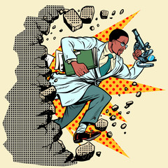 Wall Mural - african scientist with microscope breaks a wall, destroys stereotypes