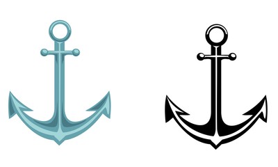 Vector sailor set of anchor. Vector drawing illustration, black and white and colorful anchor on the white background