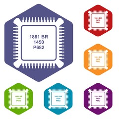 Poster - Processor microchip icons vector colorful hexahedron set collection isolated on white