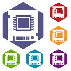 Poster - Integrated microchip icons vector colorful hexahedron set collection isolated on white