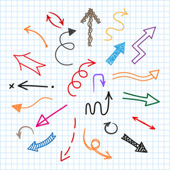 Poster - Set arrows icon. Different colored painted arrows sign isolated on notebook paper texture – stock vector