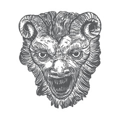 Poster - Devil head with big demon horns or antlers and sharp fangs. Satan or Lucifer fallen angel depiction. Gargoyle human like chimera fantastic beast creature with dark scary face. Vector.