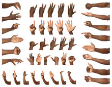 Afro-American Man Showing Different Gestures On White Background, Closeup View Of Hands