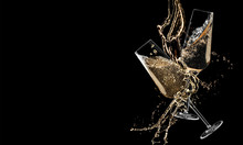 Glasses Of Champagne Clinking Together And Splashing On Black Background