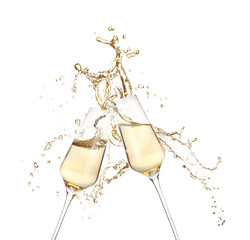 Poster - Glasses of champagne clinking together and splashing on white background