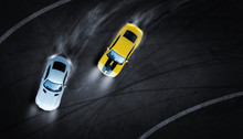3D Rendering Aerial Top View Two Cars Drifting Battle The Night Time On Race Track, Two Race Cars View From Above.