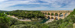 Panoramic view of the magnificent three tiered Pont Du Gard aqueduct was constructed by Roman engineers in the 1st century AD in the south of France