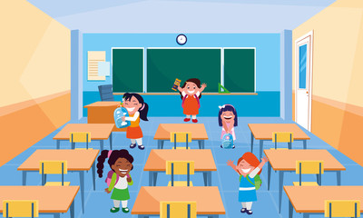 Wall Mural - happy little school interracial girls in the classroom