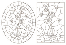 A Set Of Contour Illustrations In Stained Glass Style With Still Lifes , A Bouquet Of Orchids And Fruits , Dark Contours On A White Background