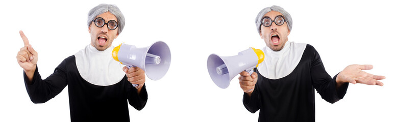 Wall Mural - Funny male nun with megaphone isolated on white 