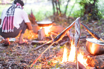 Grilling fish and boiling cooking pot with soup on campfire.