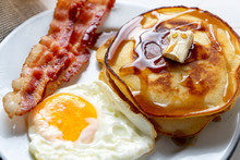 American Breakfast With Egg, Pancake And Bacon
