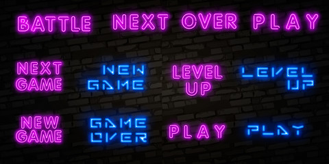 Wall Mural - Realistic isolated neon sign of New Game, Level Up and Game Over, Battle logo for template decoration and covering on the wall background. Concept of gaming.