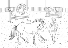 Cartoon Style Scene With Horses For A Stabling Management Book. Children Coloring Book Design.