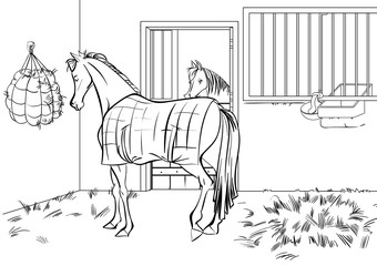 cartoon style scene with horses for a stabling management book. children coloring book design.