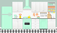 Kitchen Interior With Retro Appliances, Furniture. Vector. Vintage Room With Stove, Cupboard, Mixer, Fridge And Checkered Floor In Flat Design. Cooking Banner. Cartoon Mint Green Illustration.