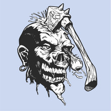 Cartoon Zombie With Axe In His Head - Vector Illustration
