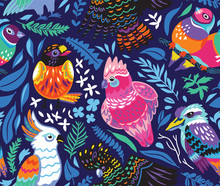 Seamless Pattern With Exotic Australian Birds And Tropical Leaves On Navy Blue Background