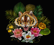 Embroidery Tiger Head And Lotus And Water Lilies. Template For Clothes, Textiles, T-shirt Design