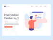 © fedrunovan - Concept template hero image for the landing page. Free online doctor. Make an appointment. Man chooses a date in the calendar. Vector illustration.