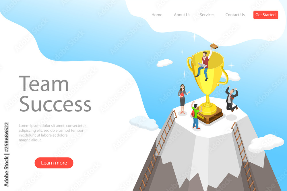 Flat isometric vector landing pate template of team success, effective ...