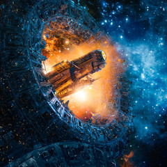 Wall Mural - titan's gate revisited / 3d illustration of science fiction heavy armoured battle cruiser spaceship 