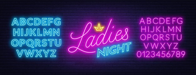 Poster - Ladies Night neon lettering on brick wall background.