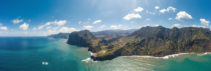 Fototapete - Beautiful mountain landscape of Madeira island, Portugal. Summer travel background. Aerial panorama view.