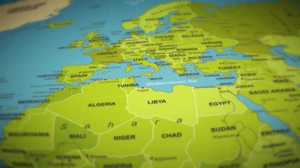 Wall Mural - World Map Flight Over Background/ 4k animation of a world map travel background flight over with ocean, countries and cities names