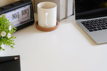Wall Mural - Top view Office desktop with office accessories, Desktop with business objects.