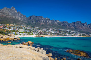 Wall Mural - View of Camps bay beautiful beach with turquoise water and mountains in Cape Town, South Africa