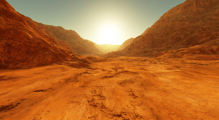 Wall Mural - sunset on mars. martian landscape, dry river bed on mars