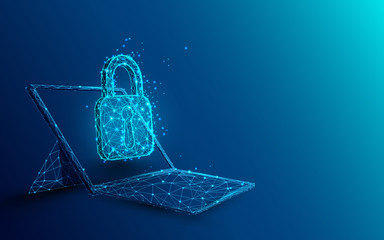 Fototapete - Laptop with padlock and security concept from lines, triangles and particle style design. Illustration vector
