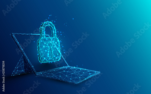 Cuadros en Lienzo Laptop with padlock and security concept from lines, triangles and particle style design