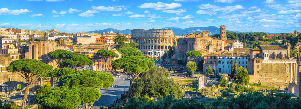 Scenic panorama of Rome with Colosseum and Roman Forum, Italy. - obrazy, fototapety, plakaty 