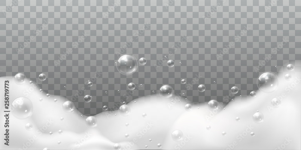 Soap foam. White bubbles of bath or laundry. Shampoo soap clean shiny bubbling. Washing hygiene detergent isolated vector illustration - obrazy, fototapety, plakaty 