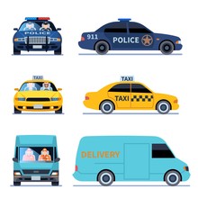 Car View. Delivery Truck, Police Automobile And Taxi Auto Side Front Viewing Isolated Urban Drivers Vector Set