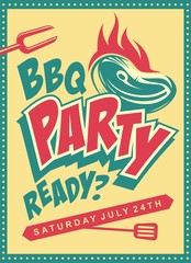 Wall Mural - Funky design concept for barbecue party. Retro poster with steak on the grill. Playful food cartoon vector for summer bbq. 