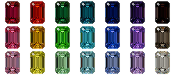 Wall Mural - Set of multi colored emerald cut diamonds isolated on white background